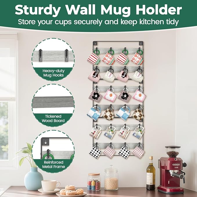 EsLuker.ly Mug Holder Hanger Rack Wall Mounted Wooden 3 Pack Coffee Cup Storage Organizer Display Shelf with 24 Removable Plastic Hooks, Ideal for Mug Collectors, Light Grey-Black
