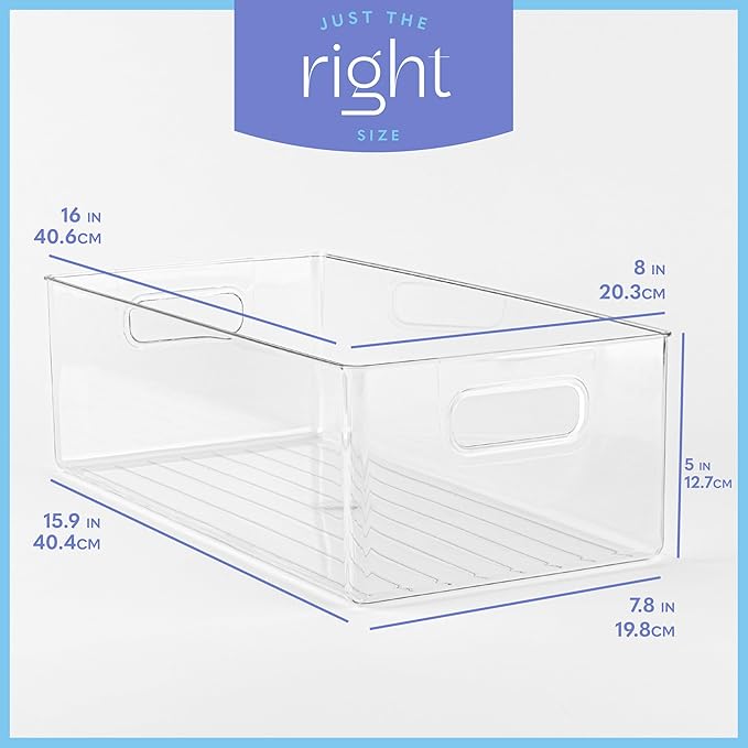 primebox Plastic Food Storage 4 Pack Clear Container Bin with Handles for Organizing Kitchen, Pantry, Refrigerator, Freezer, Pantry, Cabinet, Closet, Bathroom. 16”x8”x5”