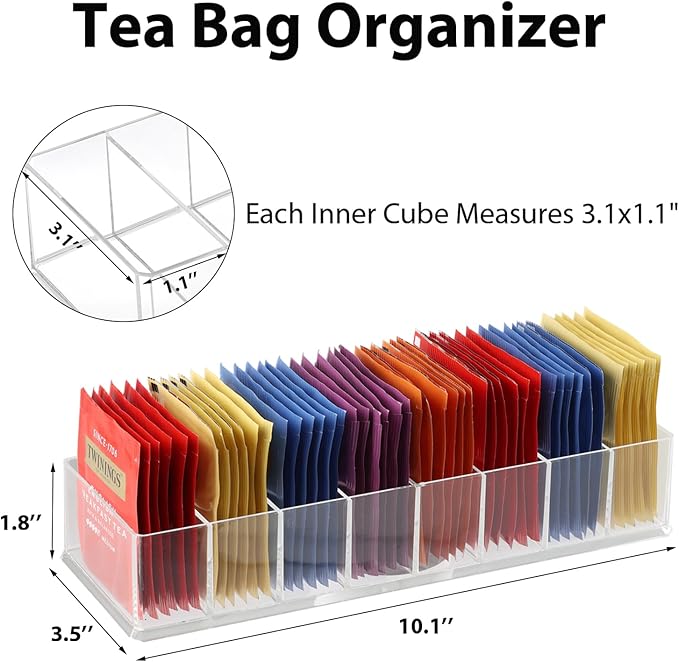 6 Pack Tea Bag Organizer, Clear Plastic Tea Bag Holder with Adhesive Non-Slip Pads, 8-Compartment Sugar & Drink Packet Organizer for Kitchen Storage Organization, Break Room, Pantry Even Drawer