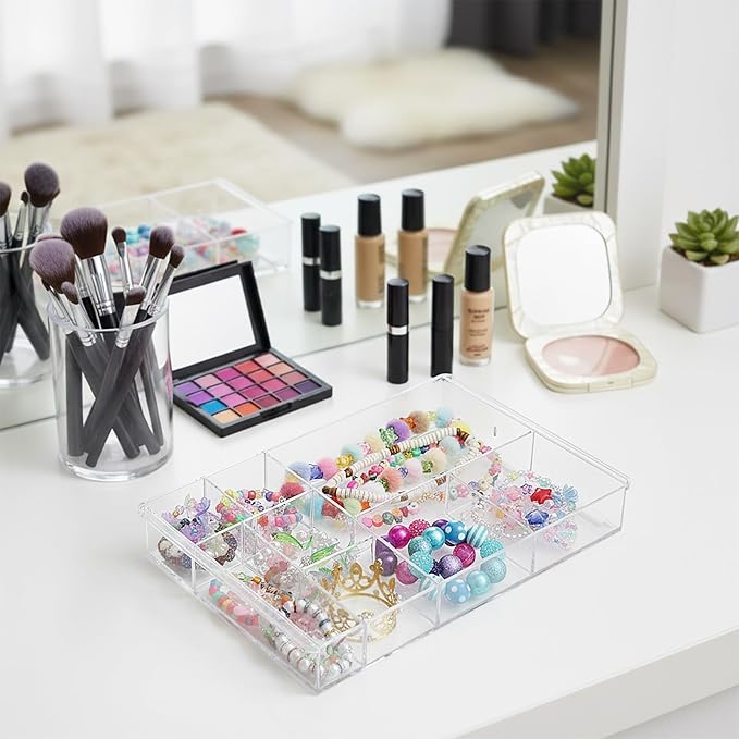 2Pcs 8-Section Clear Drawer Organizer, 13.7" x 8.7" x 2" Large Acrylic Drawer Divider Tray for Desk, Bathroom, Office, Makeup, Junk, Plastic Drawers Organiser Clear Makeup Tray Organizer