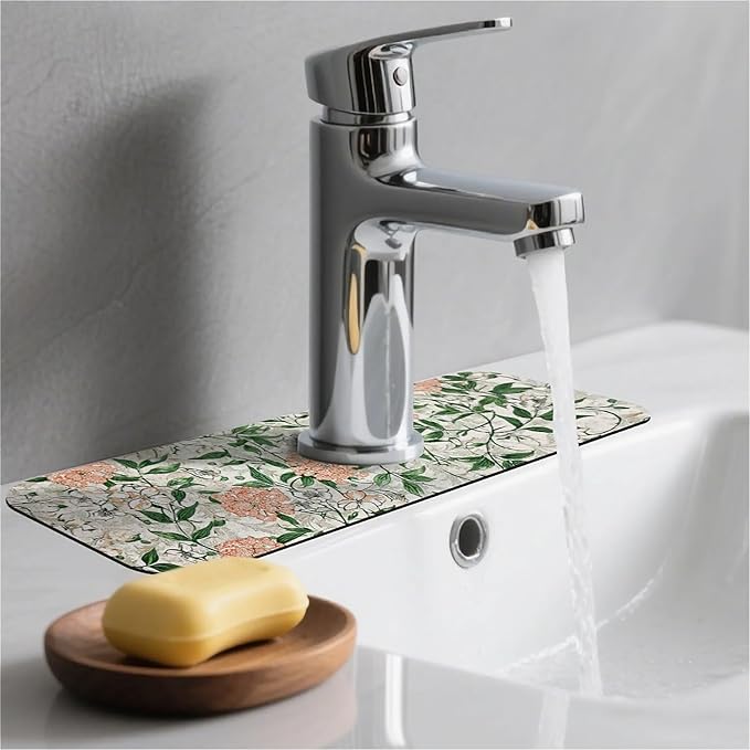 Kitchen Sink Splash Guard，Beautiful vintage flowers Faucet Mat Sink Gadgets-Super Absorbent Fast Drying Mat Drip Catcher for Kitchen, Bathroom,Sink Mat, Dish Drying Mat, Bathroom(15" X 5.5" )