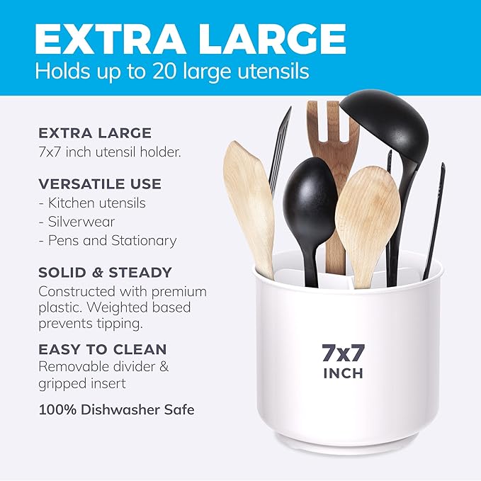 Cooler Kitchen Jumbo XL Rotating White Plastic Utensil Holder Caddy with Sturdy No-Tip Weighted Base, Removable Divider, and Gripped Insert - Dishwasher Safe Kitchen Utensil Holder for Countertop