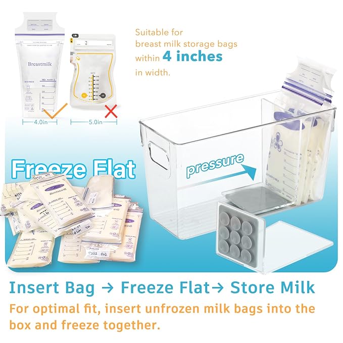 Breastmilk Storage Container with L Shaped Separator Boards, Dividers Will Flatten Standing Breast Milk Bags in Organizer Bins Save Refrigerator Space | 2 Containers-Gray