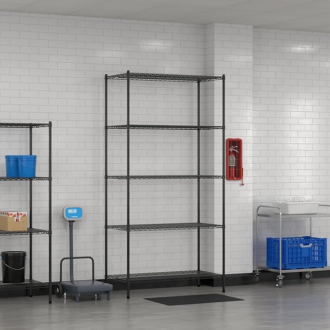 Commercial NSF Listed Black Epoxy Stationary Wire Shelving Kit 24" x 48" x 96", with 5 Shelves Perfect for Warehouse, Walk-in Refrigerator, Freezer, Grocery Store, Restaurant, Dishroom