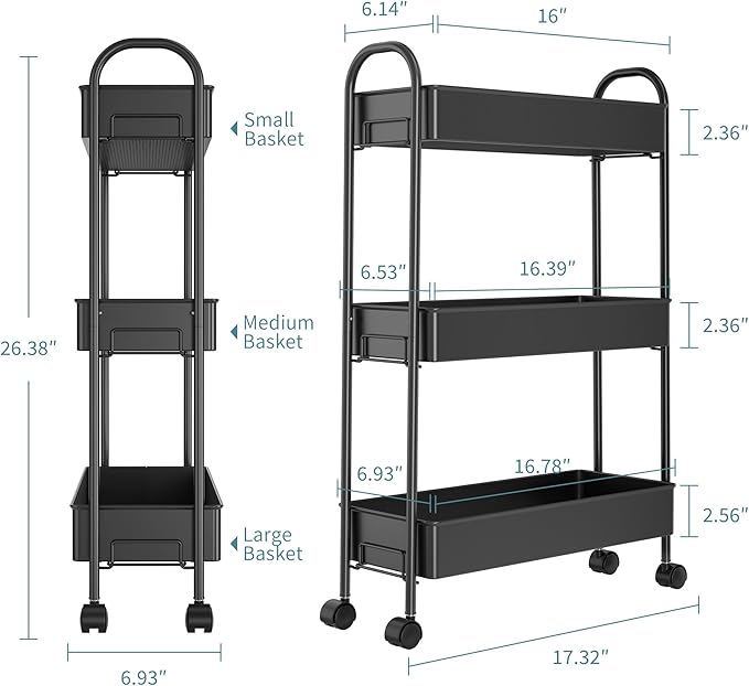 Slim Rolling Cart, Metal Frame Utility Rolling 3-Tier Narrow Storage Cart with Handle Kitchen Storage Organizer, Mobile Shelving Unit for Bathroom Kitchen