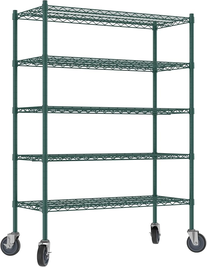Commercial NSF Listed Green Epoxy Mobile Wire Shelving Kit 18" x 42" x 60", with 5 Shelves Perfect for Warehouse, Walk-in Refrigerator, Freezer, Grocery Store, Restaurant, Dishroom