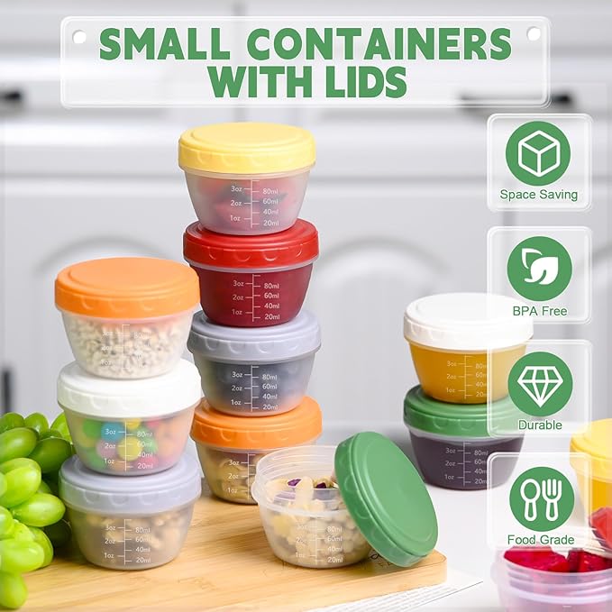 24pcs 4 oz Small Plastic Containers with Lids, Reusable 1/2 Cup Small Food Storage Containers, Leakproof, Microwave Dishwasher Freezer Safe