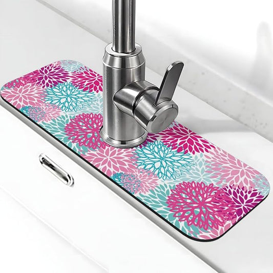 Dahlia Bright Flower 15" X 5.5" Kitchen Sink Splash Guard Faucet Faucet Guard Draining Mat Sink Splash Guard Faucet Kitchen Bathroom