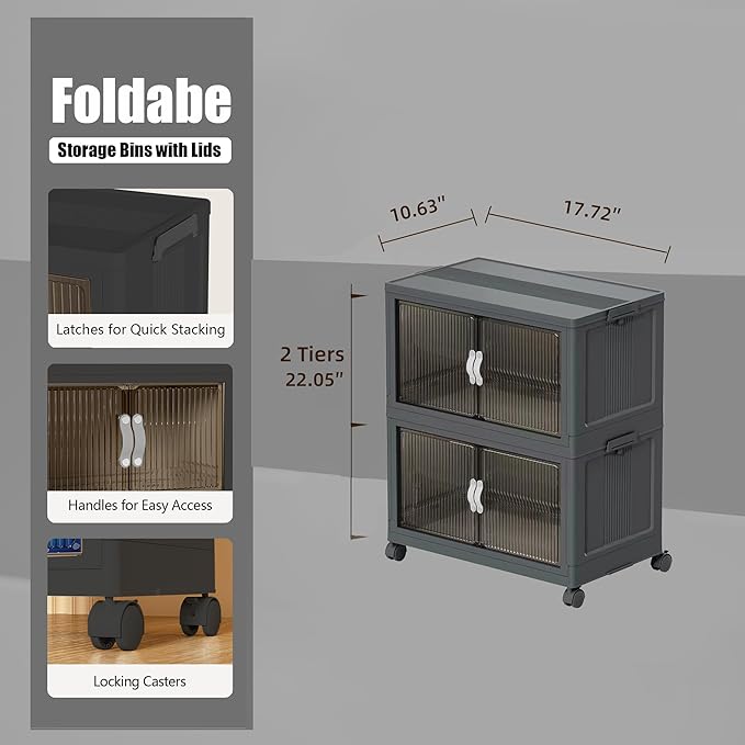 ONAIL Stackable Storage Bins with Lids and Wheels for Home Organization-Large Foldable Containers Plastic Wheel Collapsible Storage Cabinet Boxes for Home, Pantry, Office (S, Gray 2-Tier)