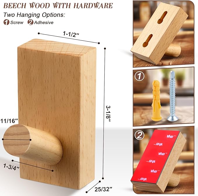 Felidio Natural Wooden Wall Hooks, Adhesive & Screw Mount Coat and Towel Hooks - Decorative Key Holder, Hat Rack, Stocking Wall Hangers for Bathroom Entryway Closet - 6 Pack, Beech Wood