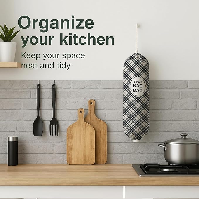 The Bag Bag Grocery Bags Holder, Black White Buffalo Check Plaid Grocery Bags Holder Organizer For Shopping Sack, Reusable Hanging Plastic Sack Dispenser, Plastic Sacks Storage Container Dispenser
