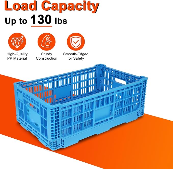 Shineyaplus Collapsible Milk Crate, 1 pck 52L(13GAL) Stackable Storage Bins, Heavy Duty Storage Crates, Plastic Crates for Grocery, Warehouse Organization - Extra Large, Holds 130 lbs Per Bin