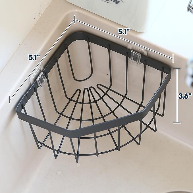 Sea Team Adhesive Corner Caddy, Sink Organizer, Soap, Drain Plug, Sponge Holder, Multifunctional Rustproof Carbon Steel Storage Basket, Wall Mounted Shelf Rack for Kitchen, Bathroom, Charcoal