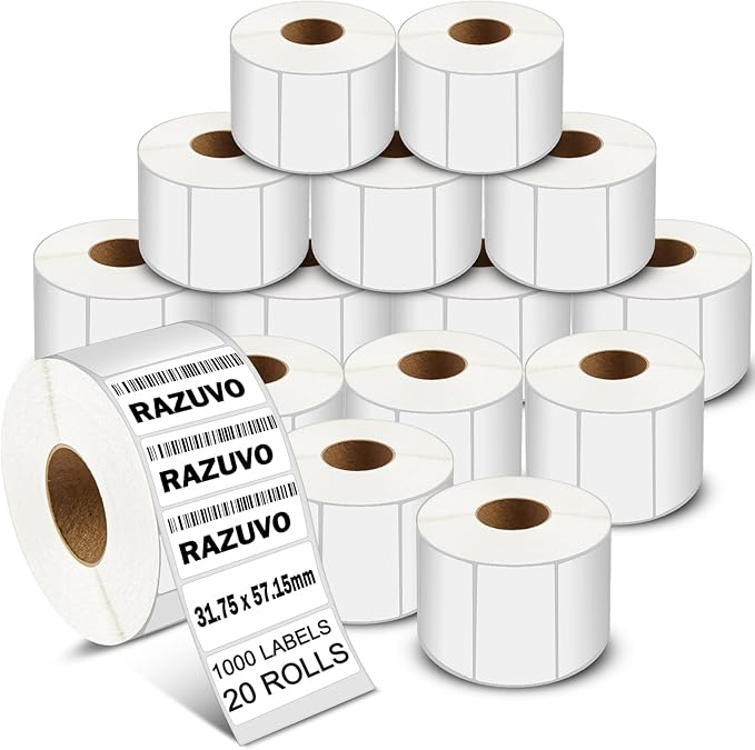 2 1/4" x1 1/4" Direct Thermal Labels for UPC Barcodes, Perforated Address Labels, Thermal Paper Self-Adhesive Label Stickers Tape Printers-20 Rolls, 1000/Roll