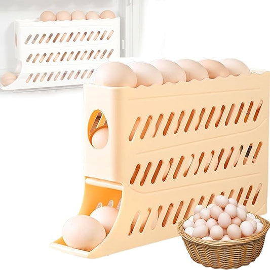 2026 New Egg Holder for Fridge, Automatic Rolling 2-Tier Large Capacity Egg Dispenser for Refrigerator, Space Saving 30 Eggs Storage Organizer for Kitchen Countertop & Cabinet (Yellow)
