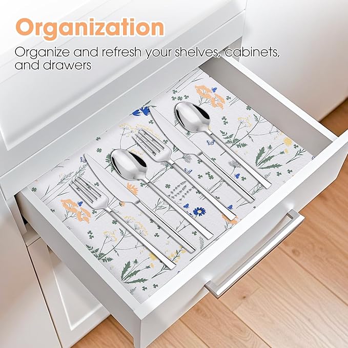 ALIUNI Drawer and Shelf Liner, Non-Slip Kitchen Cabinet Liners Non-Adhesive Thick Strong Grip Waterproof Washable Mats Protect Dresser Shelves Cupboard Bathroom Cabinets, Flower, 12 in X 10 FT