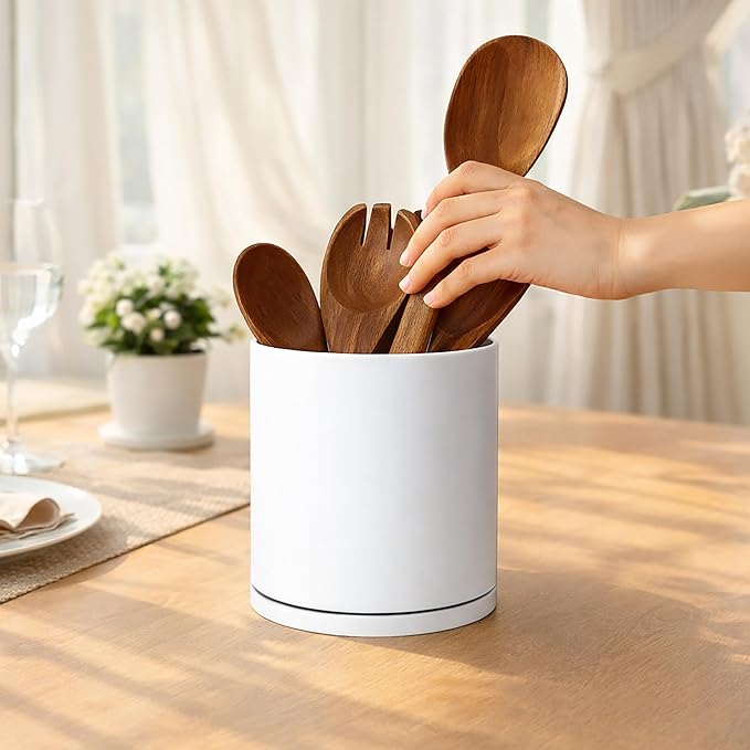 D'vine Dev 360° Rotating Utensil Holder – 7.2" Kitchen Utensil Crock for Countertop, Modern Cooking Tool Organizer for Kitchen Storage & Décor, Set of 2, White, 72-Y-A-2