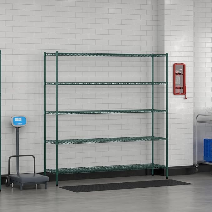 Commercial NSF Listed Green Epoxy Stationary Wire Shelving Kit 18" x 72" x 74", with 5 Shelves Perfect for Warehouse, Walk-in Refrigerator, Freezer, Grocery Store, Restaurant, Dishroom
