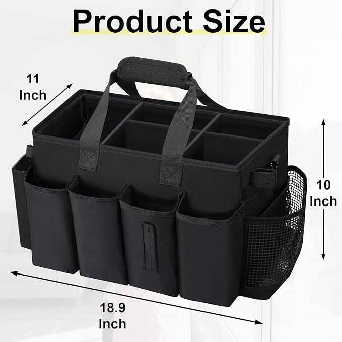 Wigojoy Wearable Large Cleaning Caddy Bag for Housekeeper, Clean Supply Organizer with Adjustable Shoulder, Waist & Handle Straps, Detailing Bag for Kitchen Supplies (Black)