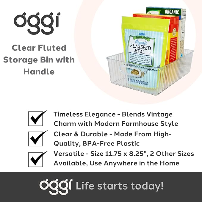 Oggi Clear Fluted Storage Bin with Handle - Durable Plastic Organizer for Fridge, Pantry, Cabinets & Countertop, Modern Farmhouse Style, Ideal for Kitchen Organization and Storage, 11.75" x 8.25"