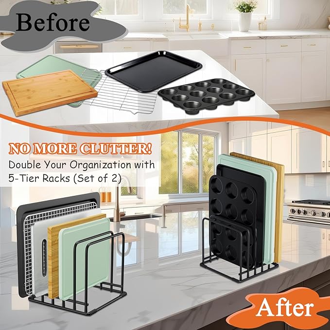 2-Pack Dish Rack & Cutting Board Organizer – 5-Tier Metal Rack for Cutting Boards, Bakeware, Trays – Space-Saving Kitchen Storage, Rust-Resistant Dish Organizer for Cabinets, Countertops & Pantry