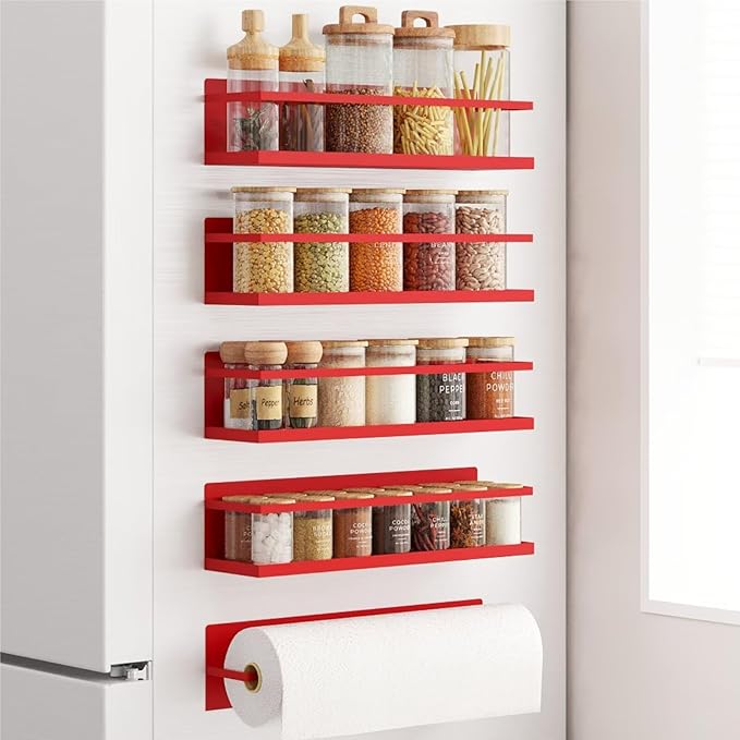 Roysili Magnetic Spice Rack For Refrigerator, Space Saving Magnetic Shelf For Fridge Red 4 Pack With Magnetic Paper Towel Holder