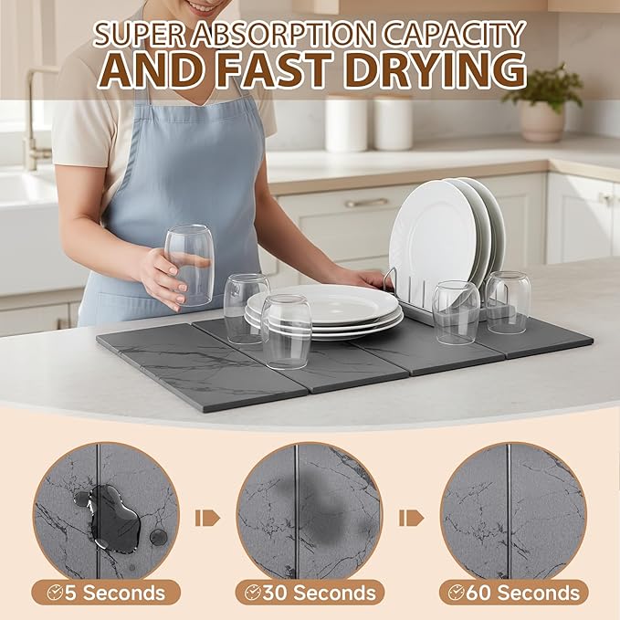Large Stone Dish Drying Mat for Kitchen Counter,24"(L)×16"(W),Quick Dry Super Absorbent Drying Matt Kitchen Counter,Collapsible Diatomaceous Earth Dish Mats,for Dishes Bottles Cups,Any Countertop