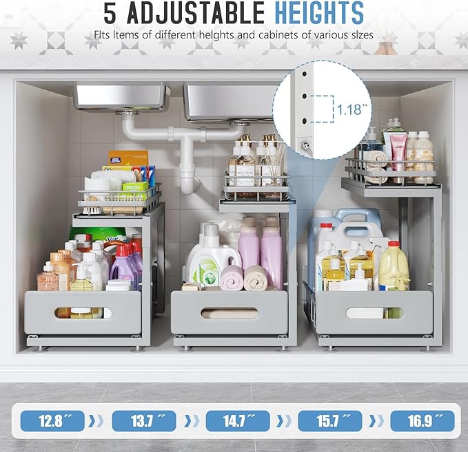 2 Pack 16.7 IN Depth Under Sink Organizer with Smooth Ball Bearing Slides,2-Tier Pull Out Cabinet Storage,Slide Out Drawers for Bathroom&Kitchen,Rust-resistant Coating,Height Adjustable-Gun Gray