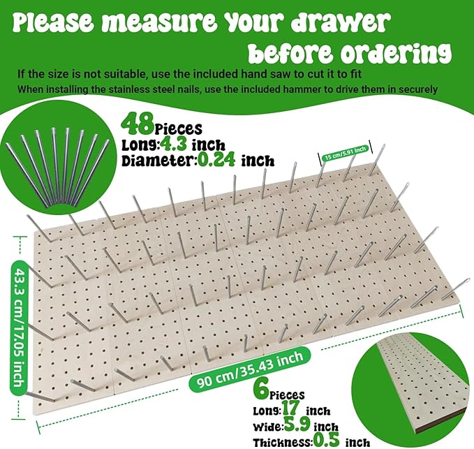 6-Pack Wood Pegboard Drawer Organizer-Unbroken Legs, with 48 Stainless Steel Pegs&Hand Saw, Adjustable Peg System for Plates, Bowls, Dishes, Utensils (35.4"x17")