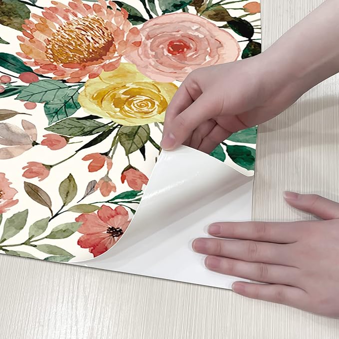 JiffDiff Floral Wallpaper Peel and Stick Pink Floral Wall Mural Removable Peony Roses Wallpaper Nursery Wall Decor (Camellia, 17.7" X 393.7")