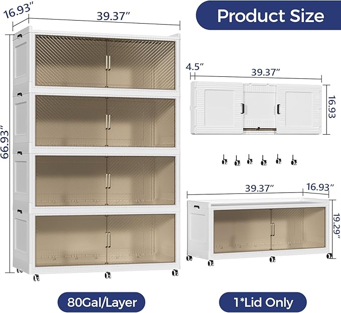 Fangtueh 320 Gallon Extra Large Collapsible Storage Bin with Lid, 960QT Stackable Plastic Organizer with 6x Wheels, Foldable Drawer Cabinet for Closet, Living Room Office, Kitchen 4Pack, White
