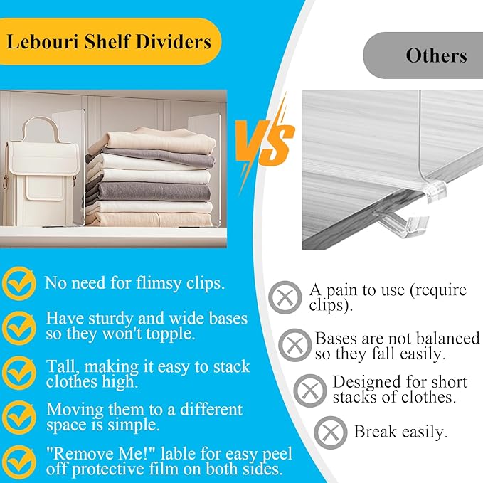 Shelf Dividers for Closet Organization: Acrylic Shelf Dividers for Clothes Sweater Purse - Clear Closet Organizers and Storage Separators for Shelves, 8Pack