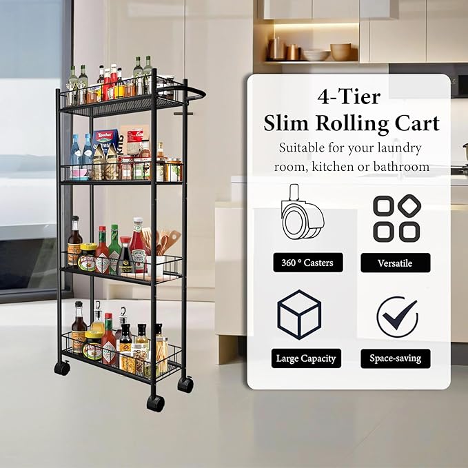 Utility Slim Storage Cart, 4-Tier Storage Cart, Narrow Cart with Handle, 7.1 Inches Deep, Metal Frame, for Kitchen, Dining Room, Living Room, Home Office, Rustic Brown and Classic (4 Tier Black)