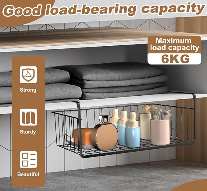 2 Pack Under Shelf Storage Basket Organizer Metal Black Hanging Wire Shelves for Kitchen Cabinet Cupboard Pantry Bookshelf