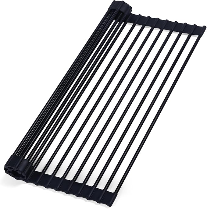 Roll Up Dish Drying Rack Over The Sink, Silicone Wrapped Stainless Steel Dish Drainer, Anti-Slip, Heat-Resistant, Multipurpose for Kitchen, 17”L×13”W Black