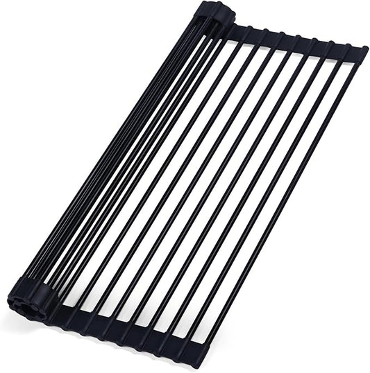 Roll Up Dish Drying Rack Over The Sink, Silicone Wrapped Stainless Steel Dish Drainer, Anti-Slip, Heat-Resistant, Multipurpose for Kitchen, 17”L×13”W Black