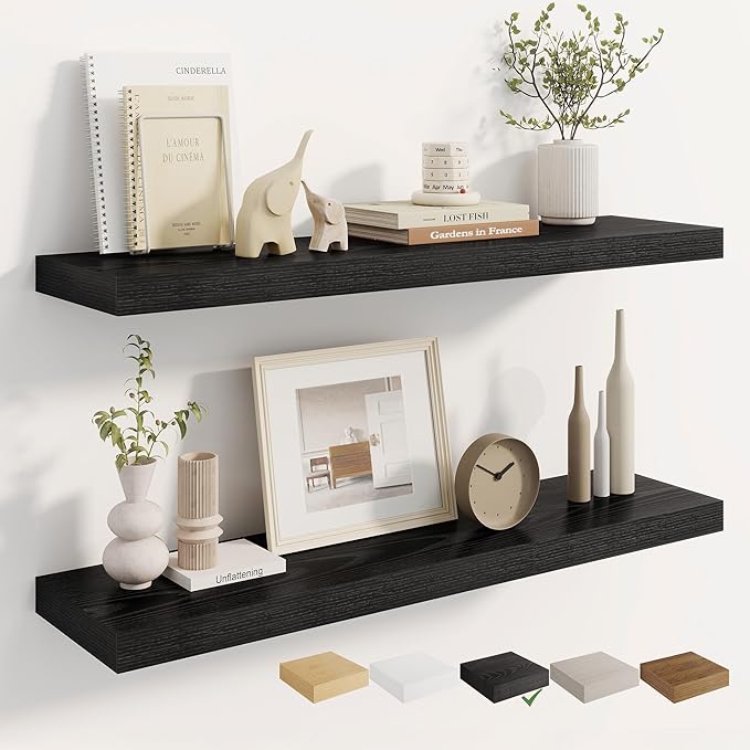 Dreamland 36 Inches Floating Shelves for Wall, 8" Deep Long Floating Shelves Set of 2, Large Display & Storage Shelf, Wall Shelf for Bathroom Bedroom Living Room Kitchen Office, Black