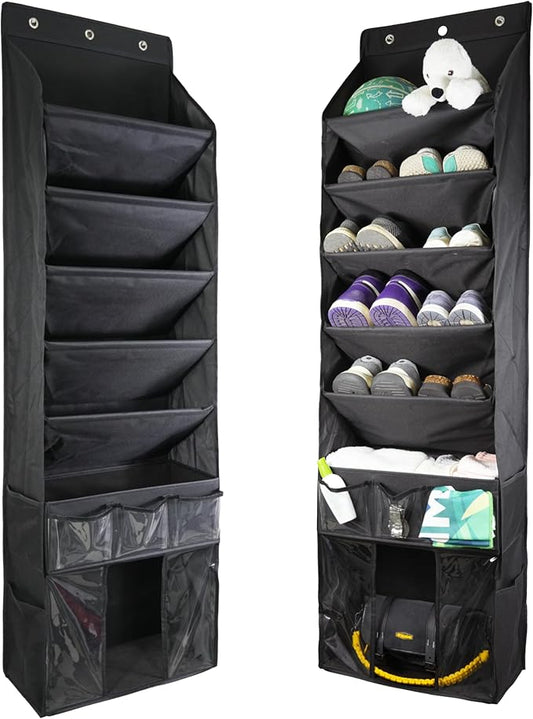 3in1 Over The Door Shoe Organizer with 5 Slanted Compartments,Removable Storage Bin & Transparent Pockets,Thickened Waterproof Oxford Fabric Shoes Rack for Shoes,Boots,Toys,Daily Essentials. (Black)