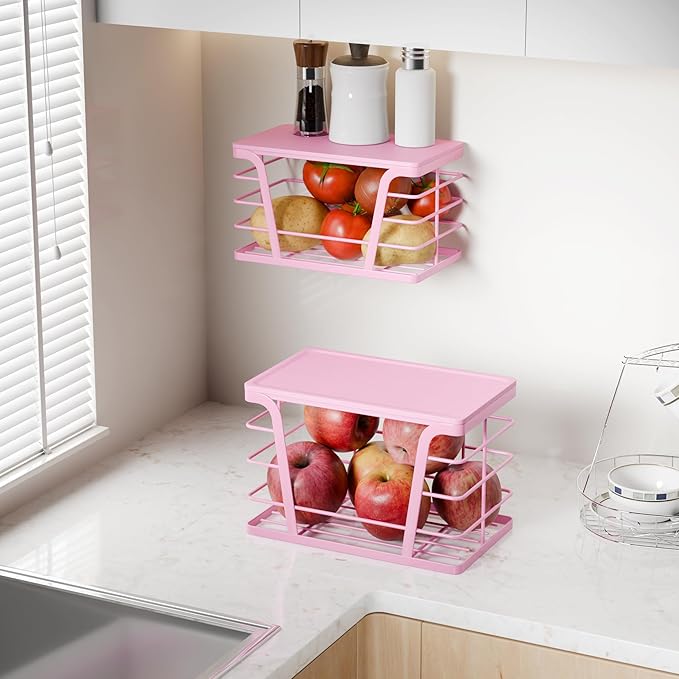 2 Pack Pink Trash Bag Holder for Kitchen Organization, Upgraded Large Stackable Garbage Bag Dispenser with Bamboo Top, Aesthetic Grocery Bag Storage for Pantry, Laundry Room, Wall Mount