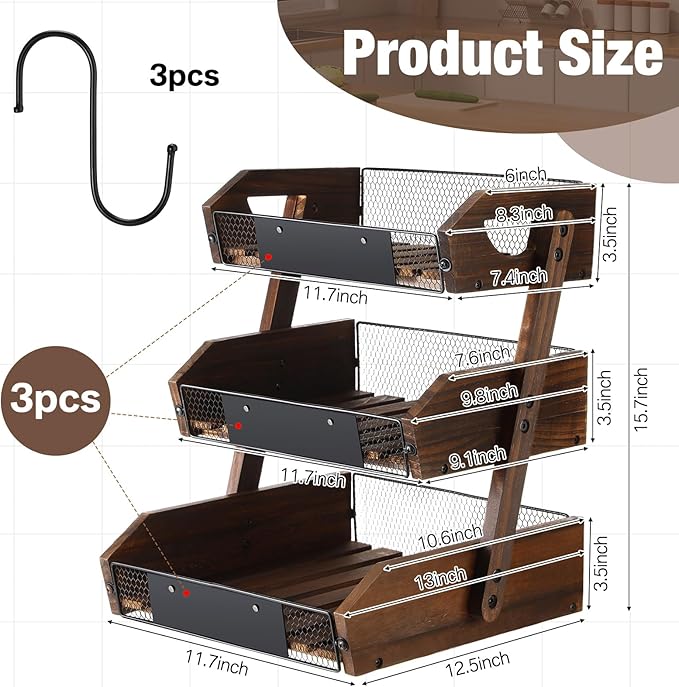 3 Tier Fruit Basket for Kitchen Counter Organizer with Banana Hangers Wooden Fruit Basket Kitchen Counter Storage Holder for Onion Potato Bread Vegetable Organize(11.7 x 12.5 x 15.7 Inches)