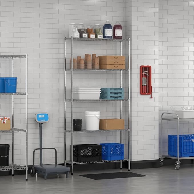 Commercial NSF Listed Chrome Stationary Wire Shelving Kit 12" x 42" x 86", with 5 Shelves Perfect for Warehouse, Walk-in Refrigerator, Freezer, Grocery Store, Restaurant, Dishroom