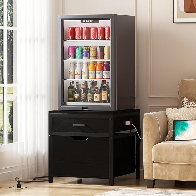 Unikito Mini Fridge Stand with Drawer Storage and Power Outlet, Heavy Duty Mobile Mini Fridge Shelf with Lockable Wheels, Beverage Refrigerator Table Stand, 22.8" L x 21.6" W, Max Load 300 LBS, Black