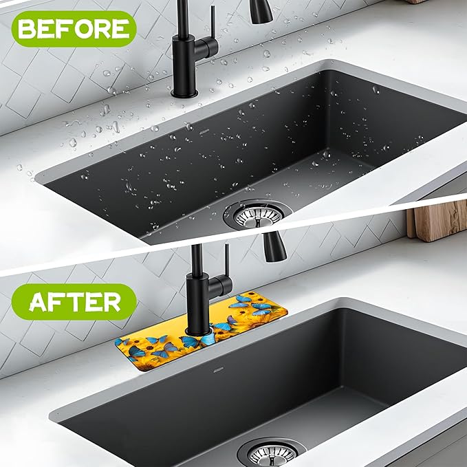 Kitchen Sink Splash Sunflowers and Blue Butterflies Guard Faucet Mat Super Absorbent Fast Drying Mat Guard Behind Faucet Drip Catcher for Kitchen Bathroom, 15.5"X5.5"