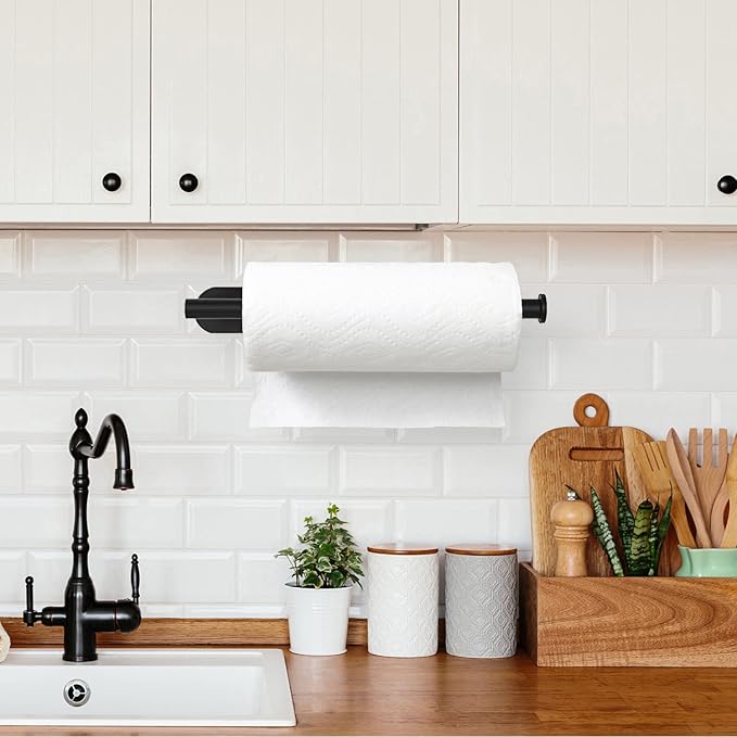Paper Towel Holder Under Cabinet - Self Adhesive Paper Towel Roll Holder Wall Mount, Matte Black Stainless Steel Towel Paper Holder for Kitchen, Bathroom, Cabinets (2 Pcs)