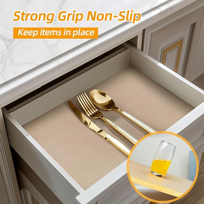 Shinlendid Shelf and Drawer Liner for Kitchen Cabinets Non-Adhesive, Strong Grip Non-Slip Thickened Cabinet Liners for Shelves, Waterproof Mats for Dresser Cupboard, Khaki, 12 in x 20 Feet