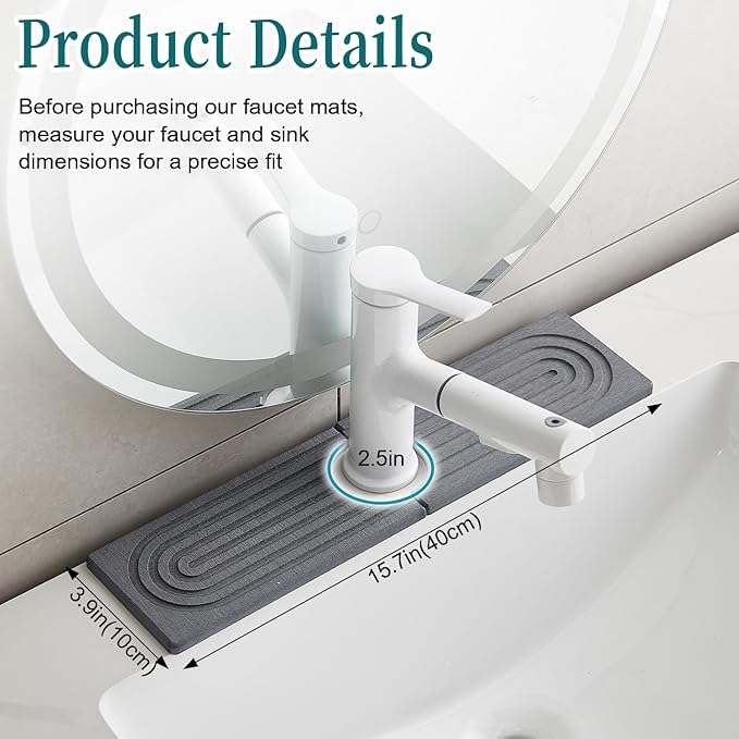 ODE TO ORDER Stone Faucet Mat for Kitchen Sink Bathroom Counter. 15.7 Inch Dark Grey Diatomite Water-Absorbing Drying Stone Mat, Sink Stone Tray Protector,Prevent Moisture Sink Splash Guard