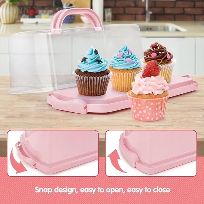 2-Pack Plastic Rectangular Bread Box with Clear Lid, Loaf Cake Keeper, Portable Bread Keeper Storage Container with Handle (Pink)