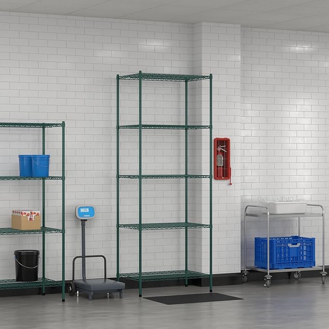 Commercial NSF Listed Green Epoxy Stationary Wire Shelving Kit 24" x 36" x 96", with 5 Shelves Perfect for Warehouse, Walk-in Refrigerator, Freezer, Grocery Store, Restaurant, Dishroom