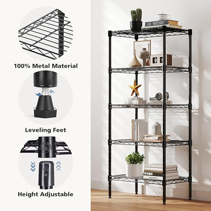 DUMOS 5-Tier Metal Wire Storage Shelves, Adjustable Standing Storage Rack Shelf, Heavy Duty Steel Shelving Unit Organizers for Kitchen Bathroom Pantry Garage, 23.3" W×13.4" D×60" H, Black