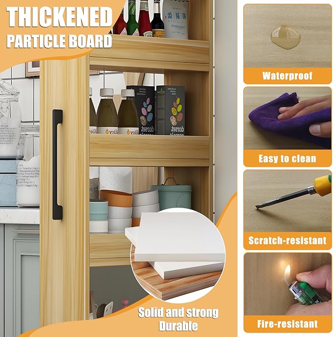 Slim Storage Cart,Rolling Spice Rack Next to Fridge Slim,Kitchen Rolling Cart,Narrow Storage Cabinet, Wood Storage Organizer,for Kitchen,Bakers,Pantry,Dining Room Gray 7.9x23.6x72.4in